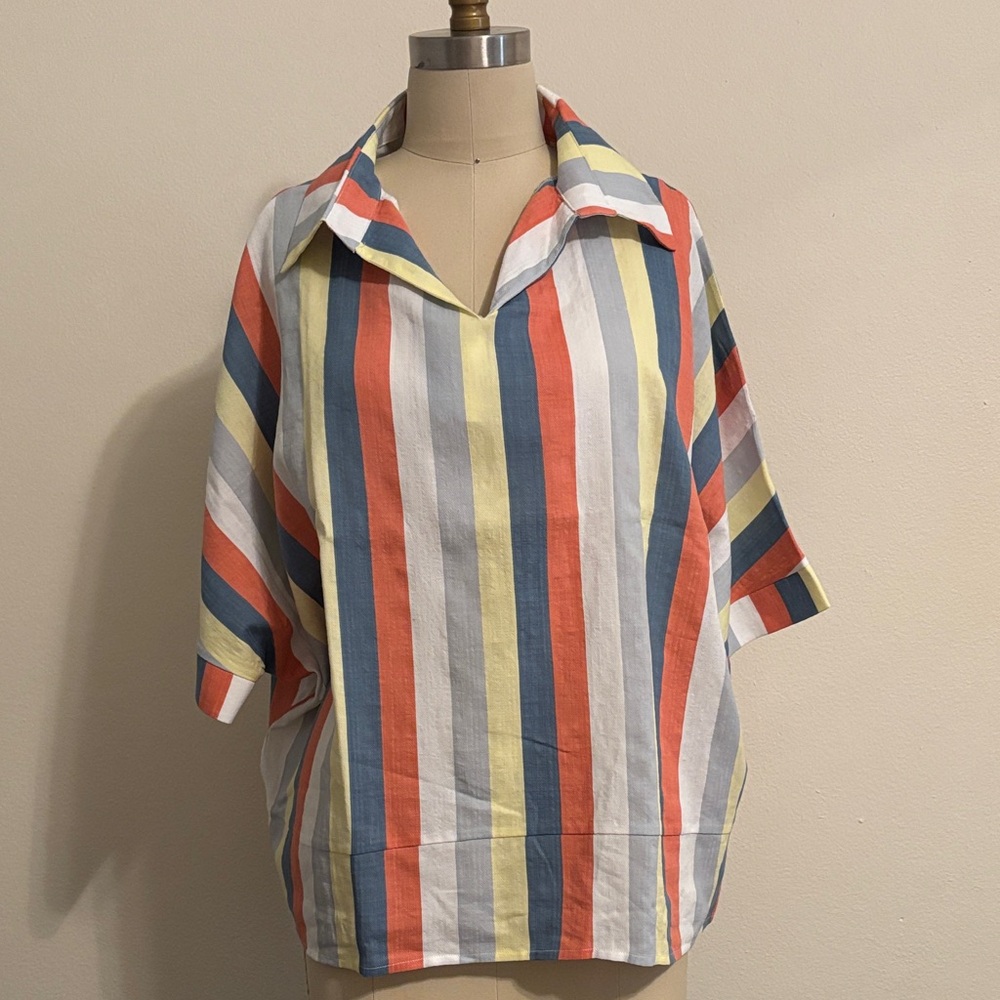 Lior Paris  S Relaxed V-Neck Striped Tunic in Coral, Blue, Yellow & White